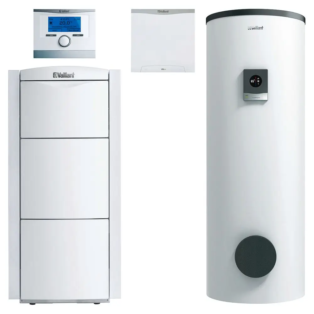 Vaillant Heiztechnikanlage bestehend aus einem Kessel, einem Warmwasserspeicher und einem Steuergerät, alle mit weißer Oberfläche und verschiedenen Bedienelementen.